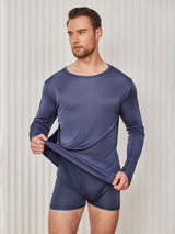 [أزرق غامق] SilkSilky-SA Long Sleeve Round Neck تي شيرت رجالي 004