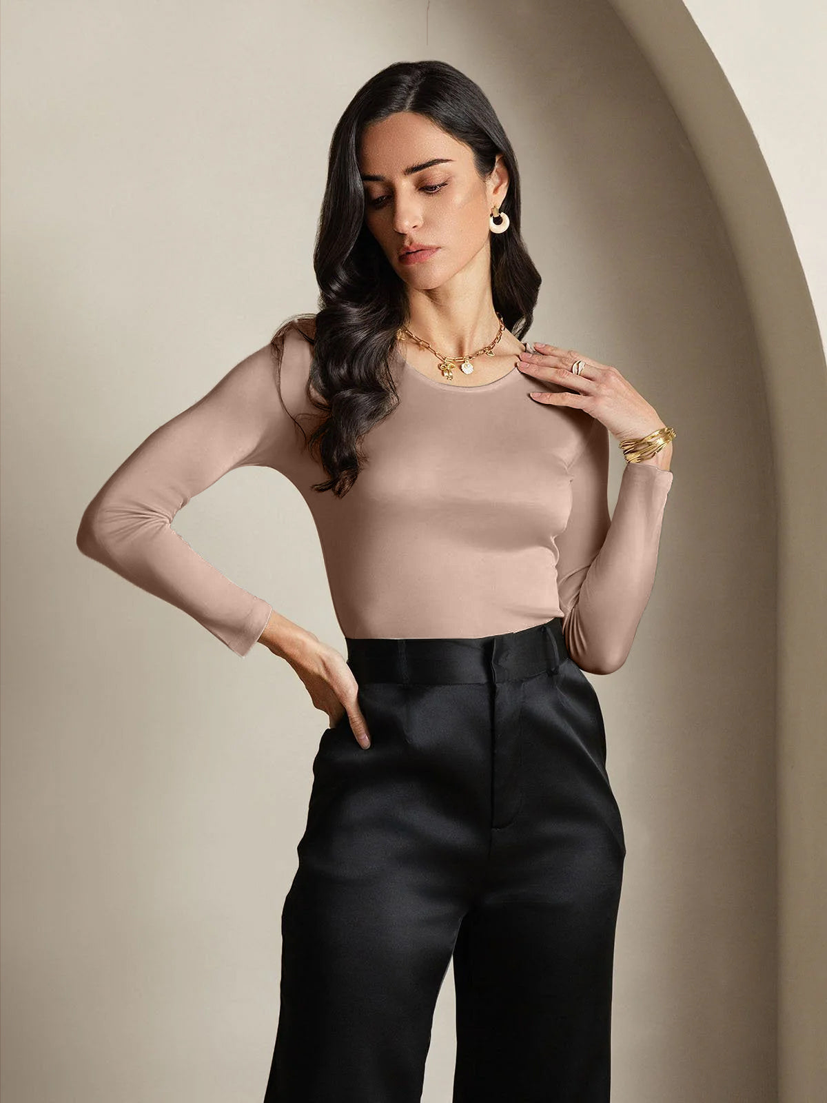 [قهوة] SilkSilky-SA الحرير رقبة مستديرة تي شيرت نسائية 003,