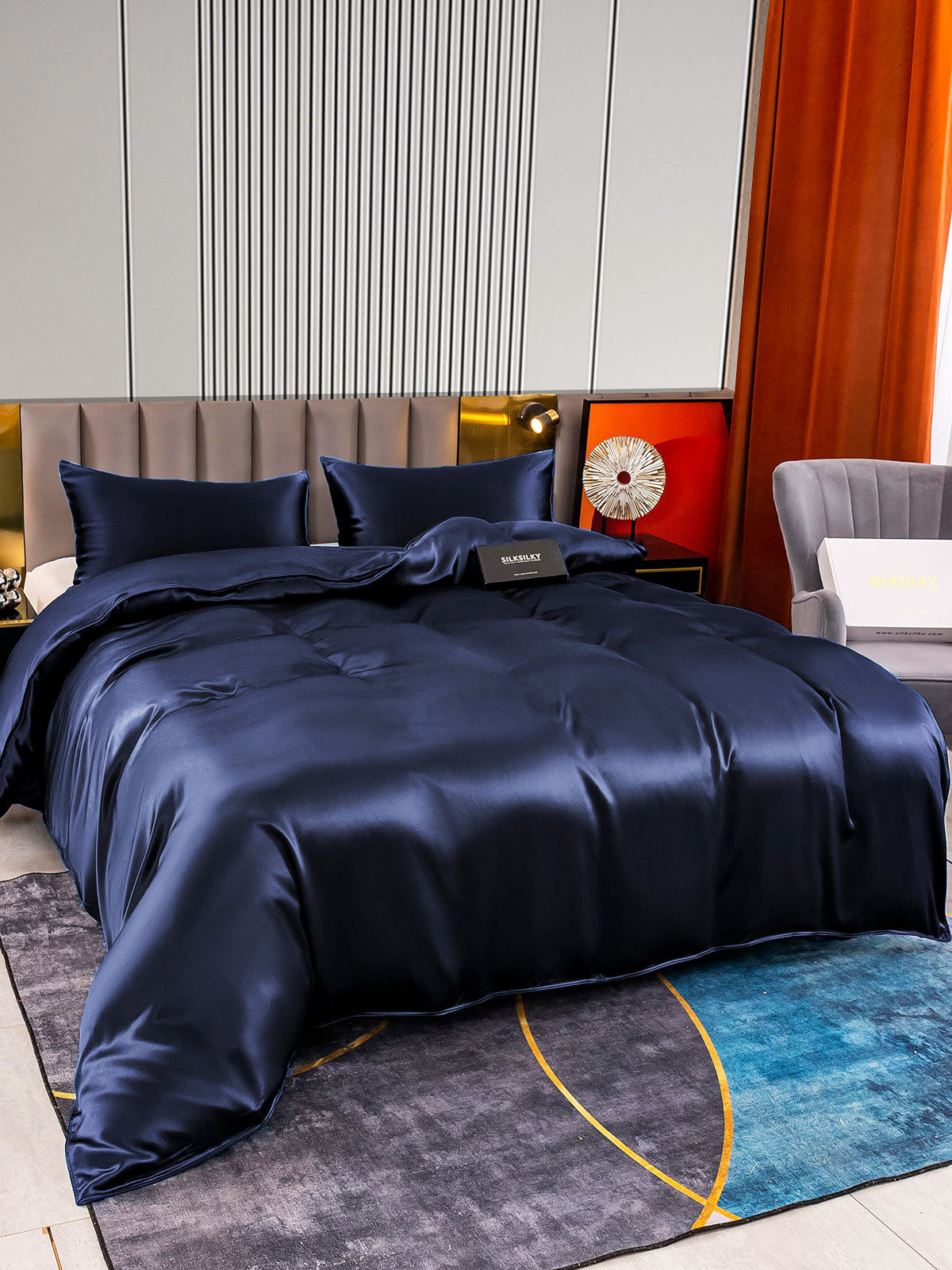 SilkSilky SA 22Momme الحرير الخالص Bedding Set أزرقغامق 004