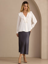 [أبيض] SilkSilky-SA Long Sleeve Deep V Neck بلوزات نسائية 005