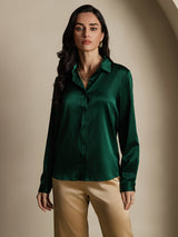 [أخضر غامق] SilkSilky-SA Long Sleeve Lapel Collar بلايز نسائية 004