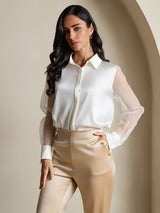 [أبيض] SilkSilky-SA 19Momme الحرير Lapel Collar بلايز نسائية 001,