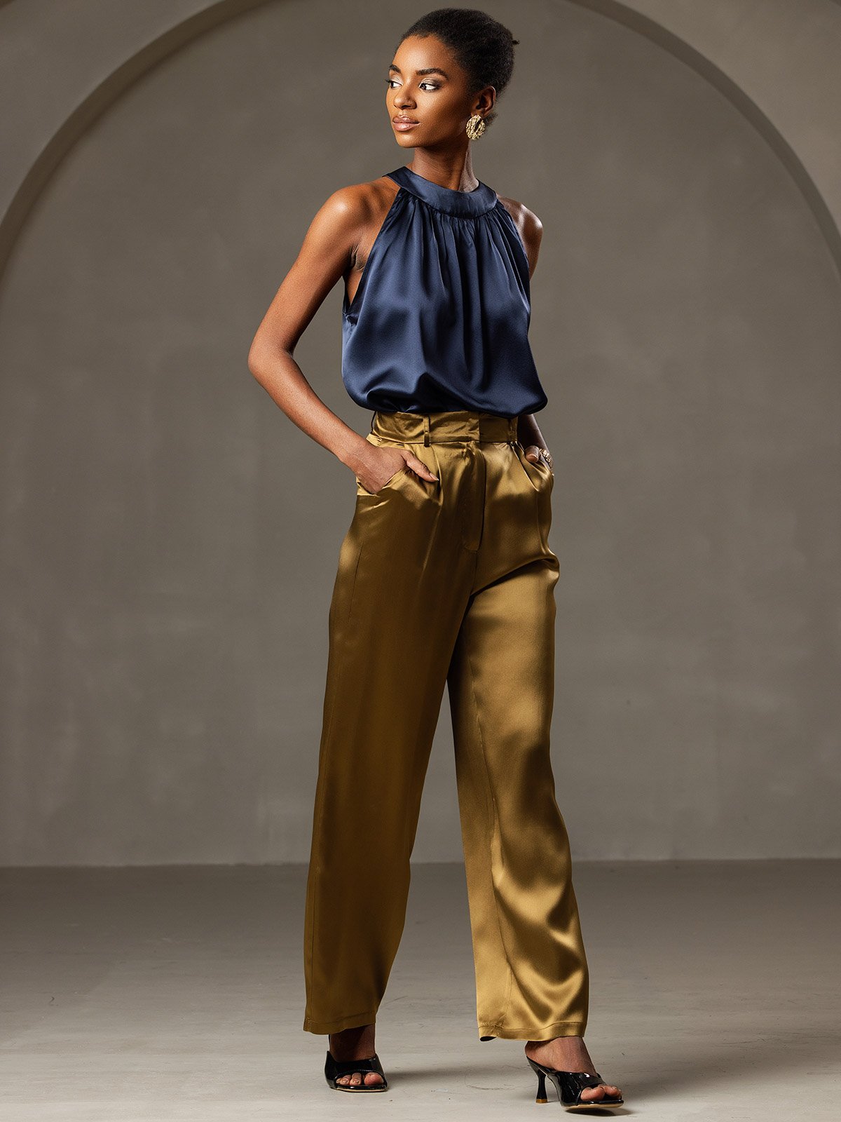 [أزرق غامق] SilkSilky-SA 19Momme الحرير Womens T-Shirt 006,