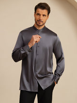 [الرمادي الداكن] SilkSilky-SA Long Sleeve Stand Collar قميص رجالي 004