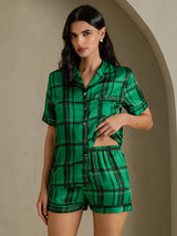 [مربعات خضراء] SilkSilky-SA Short Sleeve Notch Collar طقم بيجامة نسائي 004