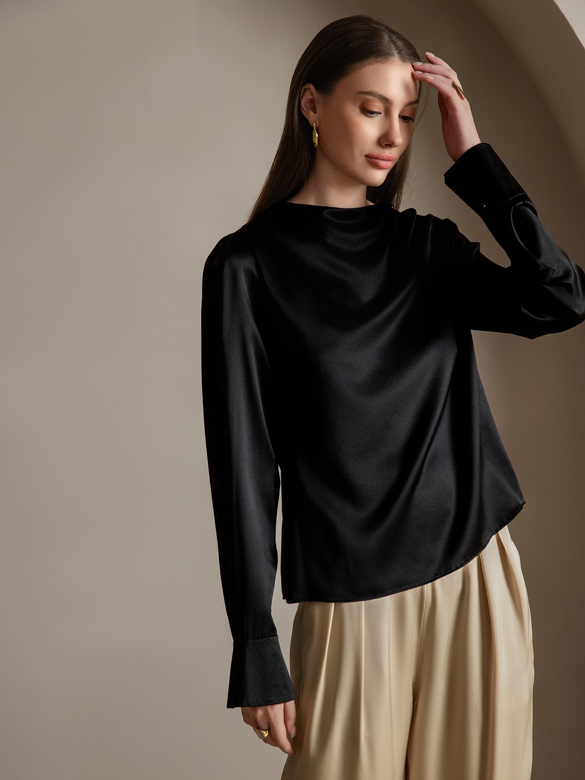 [أسود] SilkSilky-SA 19Momme الحرير Womens Shirt 006