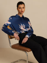 [أزرق غامق] SilkSilky-SA Long Sleeve Lapel Collar بلايز نسائية 005