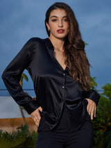 [أسود] SilkSilky-SA Long Sleeve Lapel Collar بلايز نسائية 003
