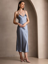 [أزرق رمادي] SilkSilky-SA Sleeveless V Neck فساتين نسائية 004