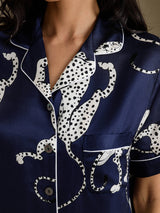 [فهد أزرق داكن] SilkSilky-SA Short Sleeve Notch Collar طقم بيجامة نسائي 006