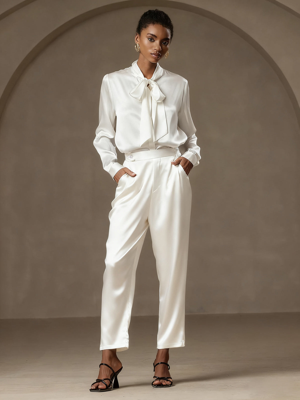 [أبيض] SilkSilky-SA 19Momme الحرير Womens Pants 001