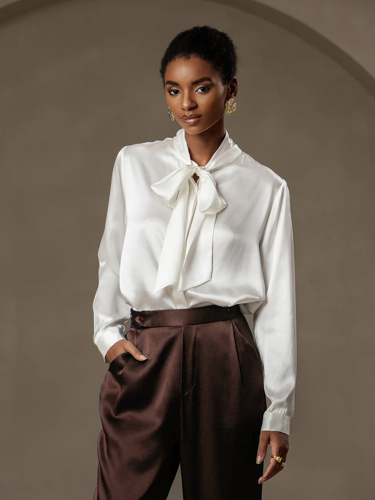 [شوكولاتة داكنة] SilkSilky-SA 19Momme الحرير Womens Pants 003