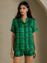 [مربعات خضراء] SilkSilky-SA Short Sleeve Notch Collar طقم بيجامة نسائي 001