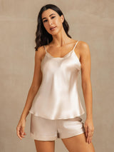 [اللون البيج] SilkSilky-SA Sleeveless V Neck مجموعة قميص قصير 001