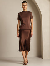[قهوة] SilkSilky-SA 100% Silk Jersey Short Sleeve ياقة نصف عالية تي شيرت نسائية 006