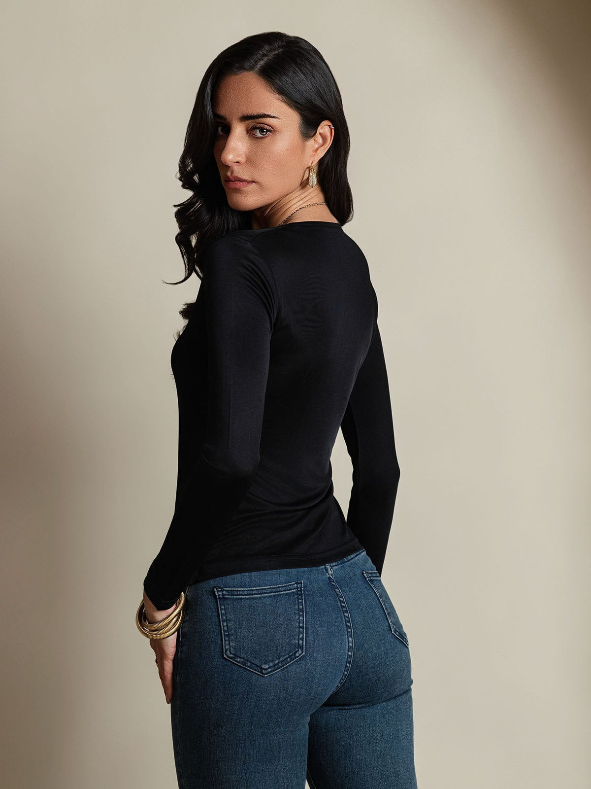 [أسود] SilkSilky-SA الحرير رقبة مستديرة تي شيرت نسائية 002,