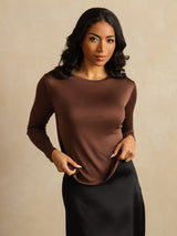 [قهوة] SilkSilky-SA Long Sleeve Crew Neck تي شيرت نسائية 006