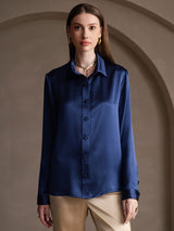 [أزرق غامق] SilkSilky-SA Long Sleeve Lapel Collar بلايز نسائية 001