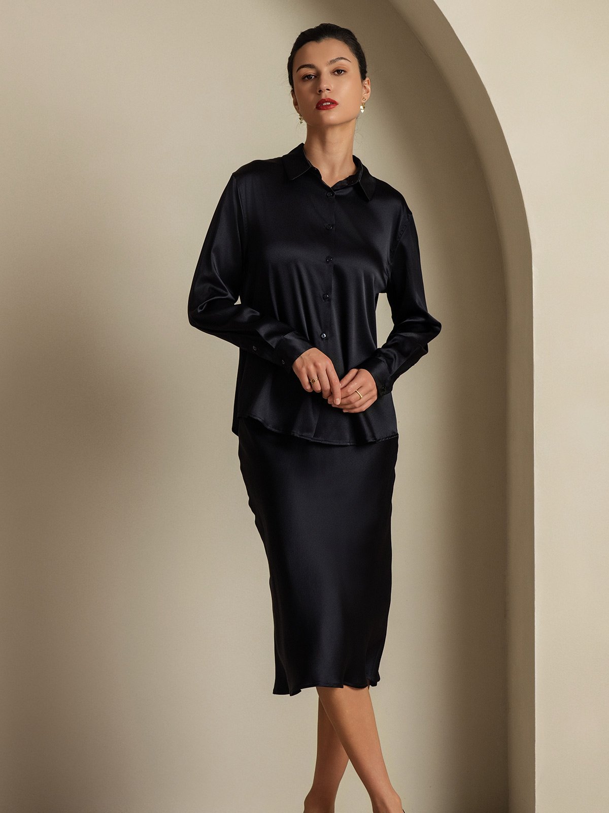 [أسود] SilkSilky-SA 19Momme الحرير Lapel Collar Women''s Outfit Sets 007,