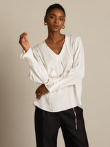 [أبيض] SilkSilky-SA Long Sleeve V Neck بلوزات نسائية 004