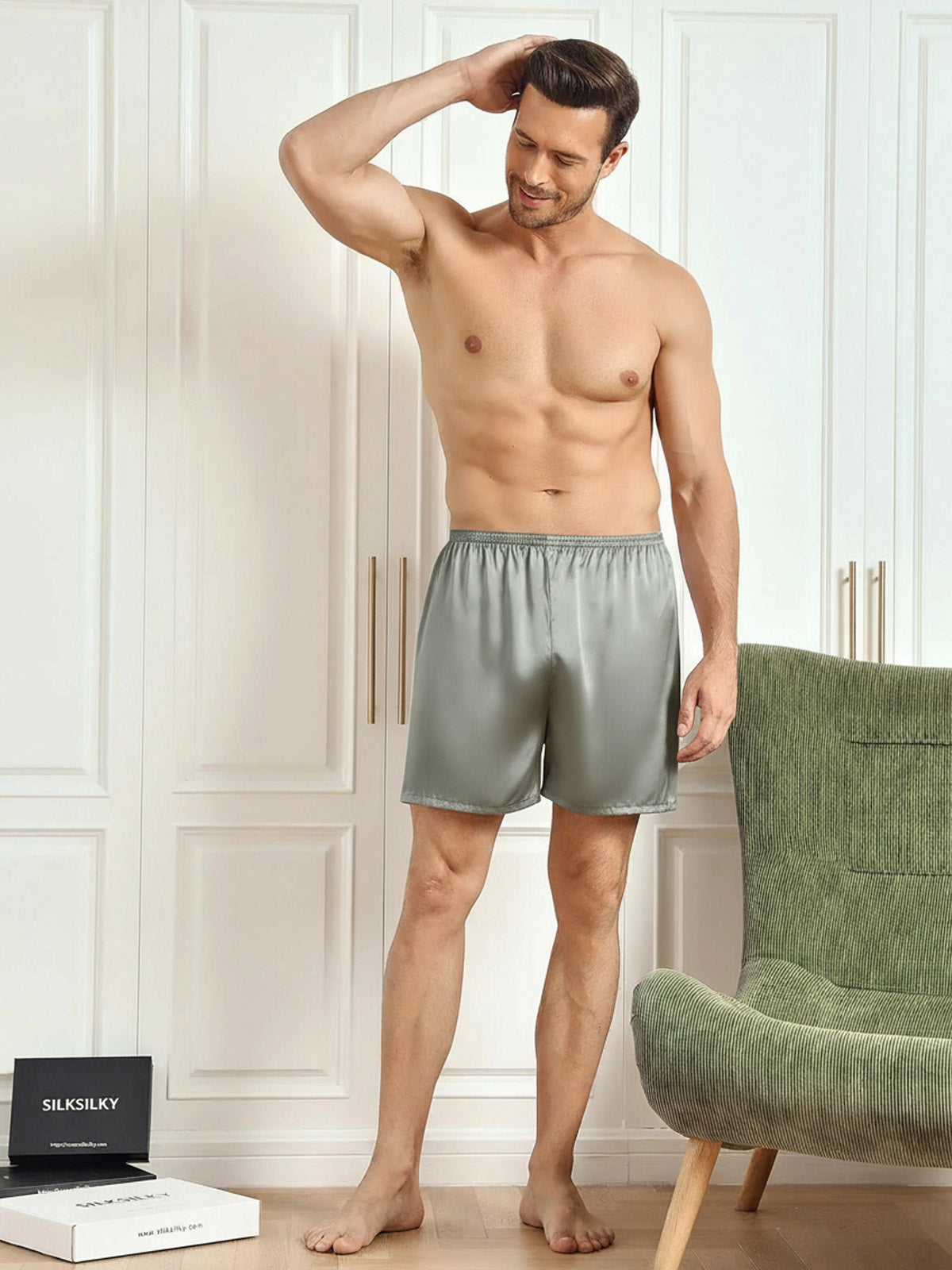 [أخضر رمادي] SilkSilky-SA الحرير الخالص Mens Sleep Bottoms 004
