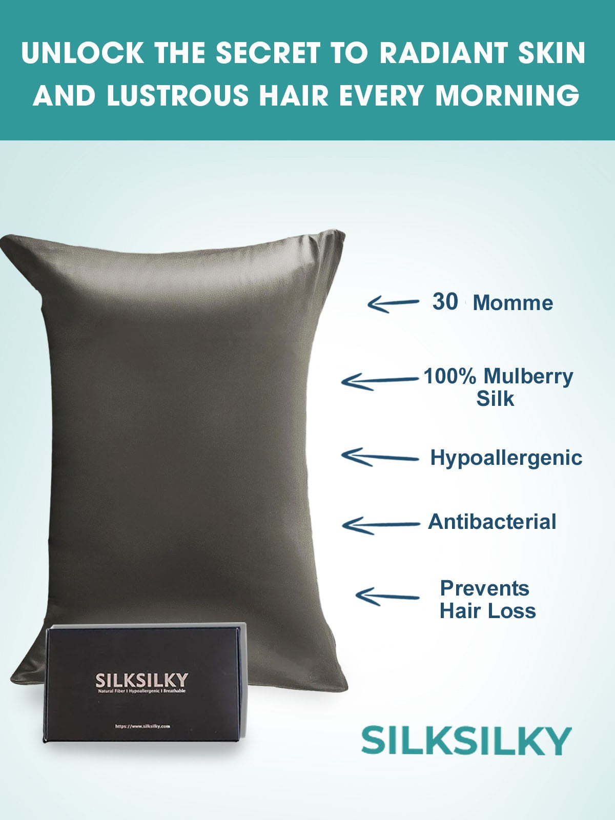 SilkSilky-SA 30Momme الحرير الخالص Pillowcase الرماديالداكن 003