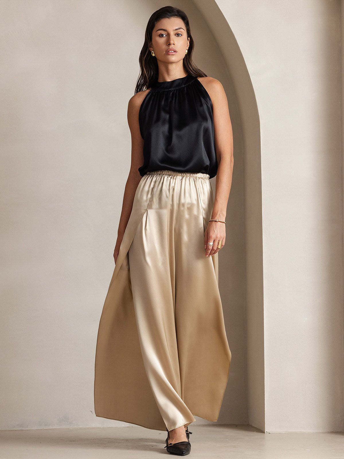 [أسود] SilkSilky-SA 19Momme الحرير Womens T-Shirt 003