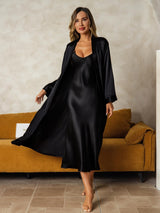 [أسود] SilkSilky-SA Long Sleeve V Neck رداء الحمام وقميص النوم 001