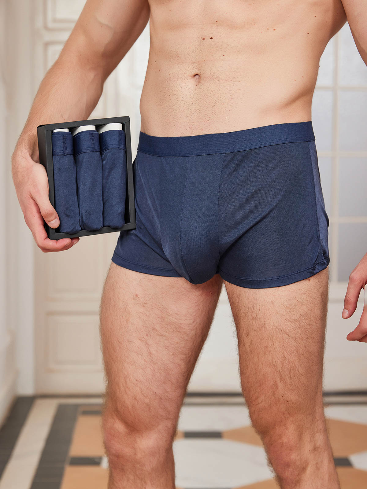 [أزرق غامق] SilkSilky-SA الحرير الخالص Mens Underwear 001