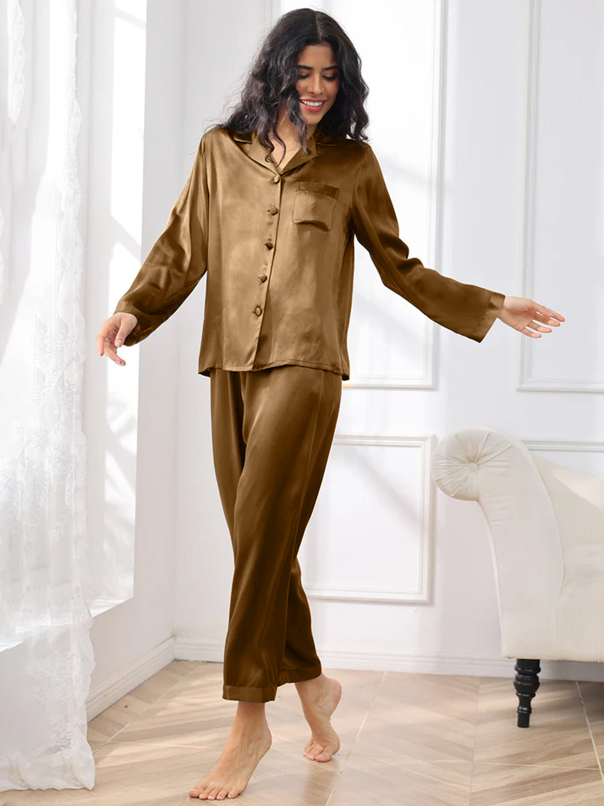 [بني] SilkSilky-SA الحرير الخالص Womens Pajamas 003