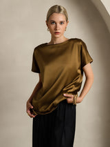 [بني] SilkSilky-SA Short Sleeve Boat Neck تي شيرت نسائية 003