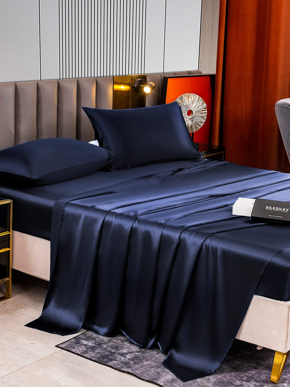 SilkSilky SA 22Momme الحرير الخالص Bedding Set أزرقغامق 005