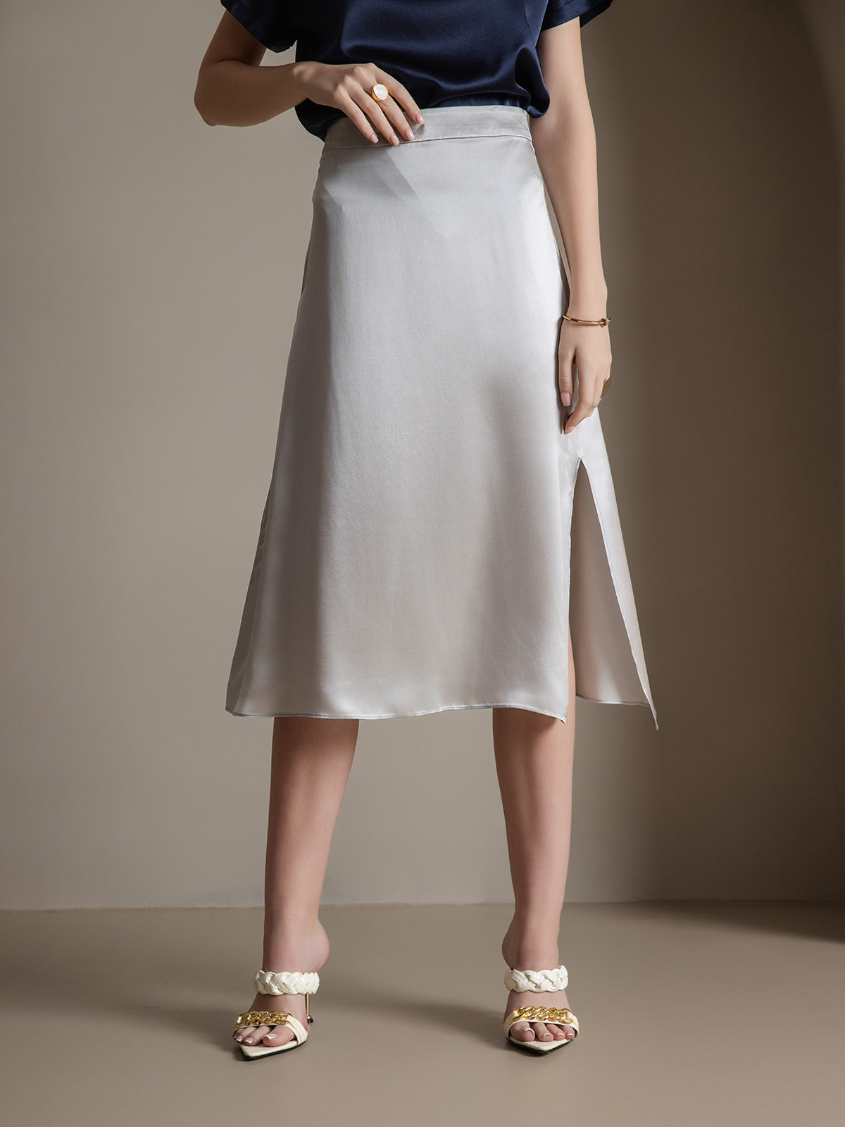 [رمادي فاتح] SilkSilky-SA 19Momme الحرير Skirt 001