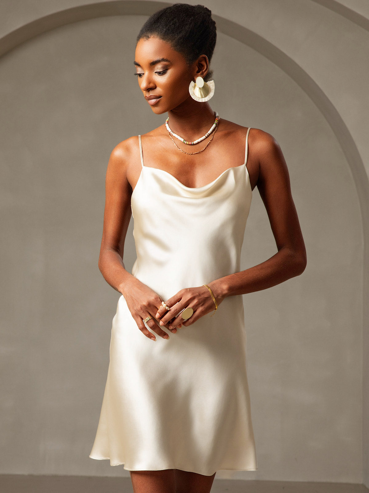 [أصفر فاتح] SilkSilky-SA الحرير الخالص فتحة عنق بثنيات ملفوفة فساتين نسائية 004