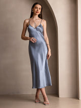 [أزرق رمادي] SilkSilky-SA Sleeveless V Neck فساتين نسائية 004