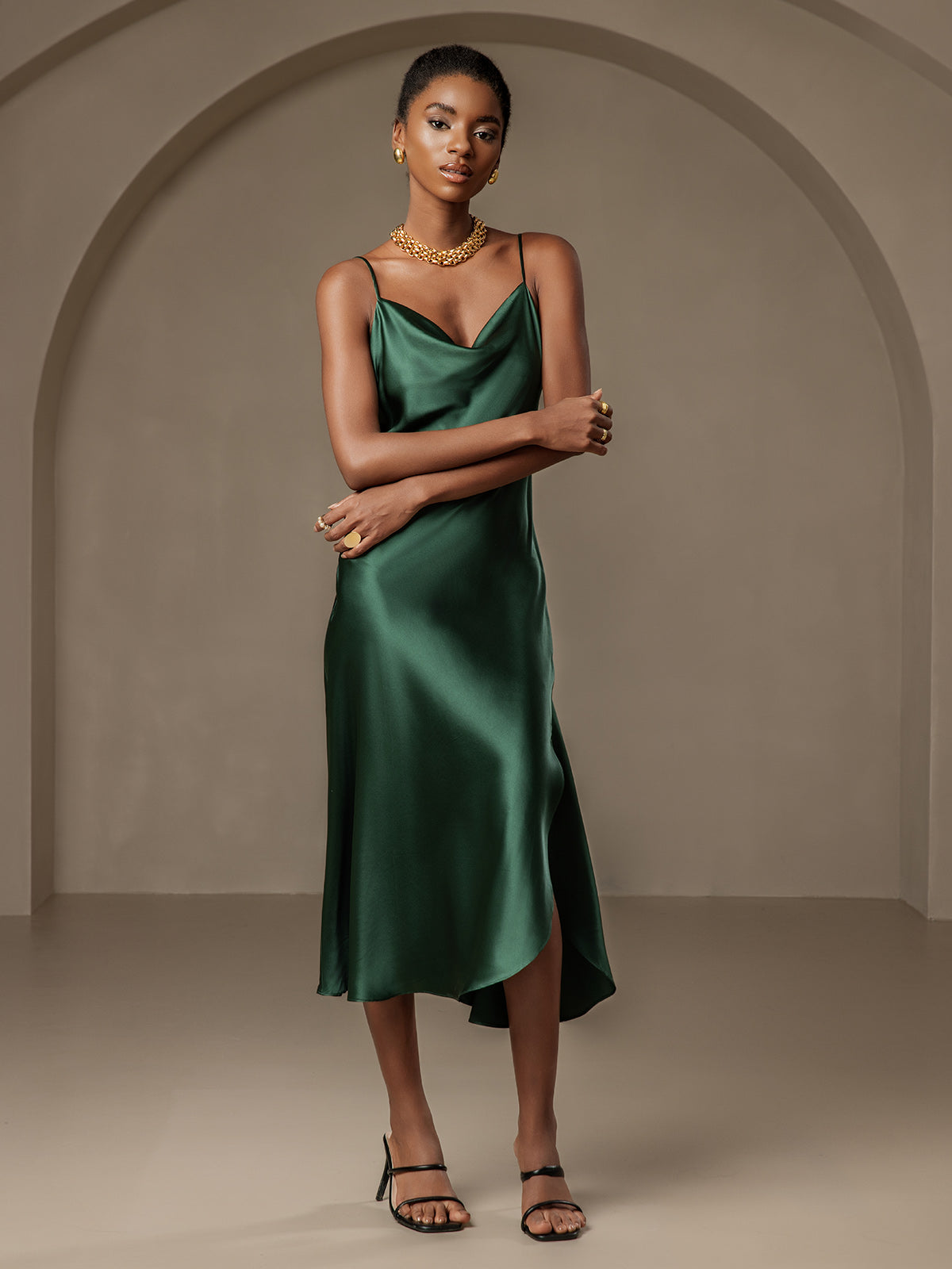 [أخضر غامق] SilkSilky-SA 19Momme الحرير الخالص فتحة عنق بثنيات ملفوفة فساتين نسائية 005