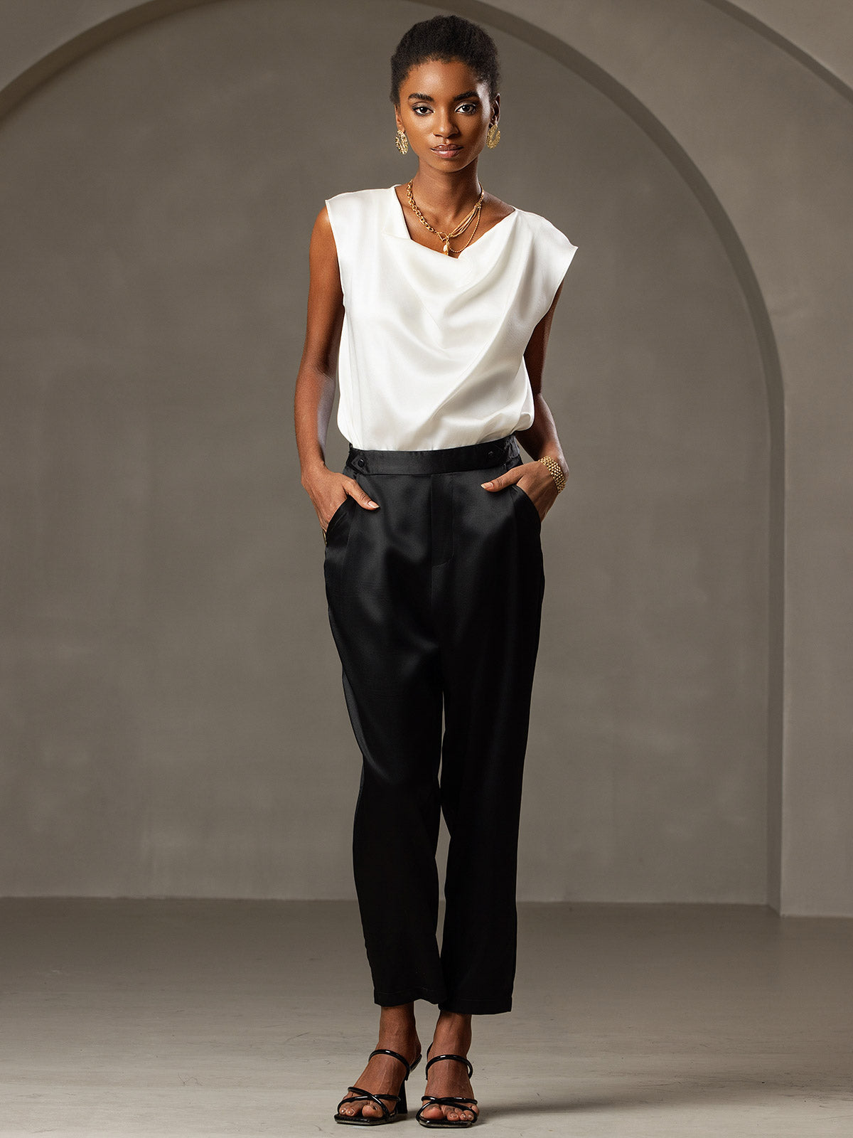 [أبيض] SilkSilky-SA 19Momme الحرير فتحة عنق بثنيات ملفوفة تي شيرت نسائية 006,