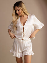 [أبيض] SilkSilky-SA Short Sleeve V Neck طقم بيجامة نسائي 003