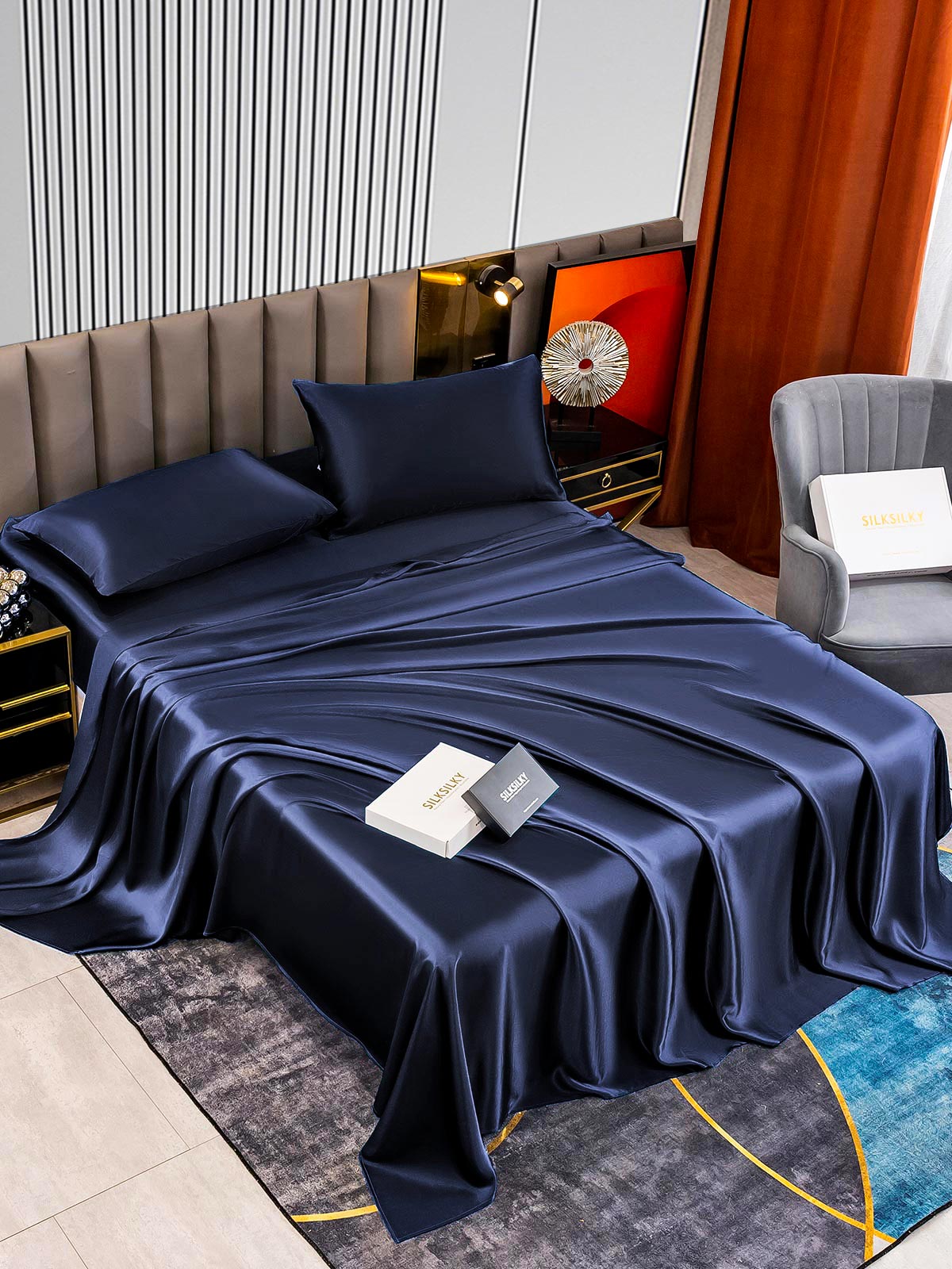 SilkSilky SA 22Momme الحرير الخالص Bedding Set أزرقغامق 002