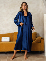 [أزرق غامق] SilkSilky-SA Long Sleeve V Neck رداء الحمام وقميص النوم 008