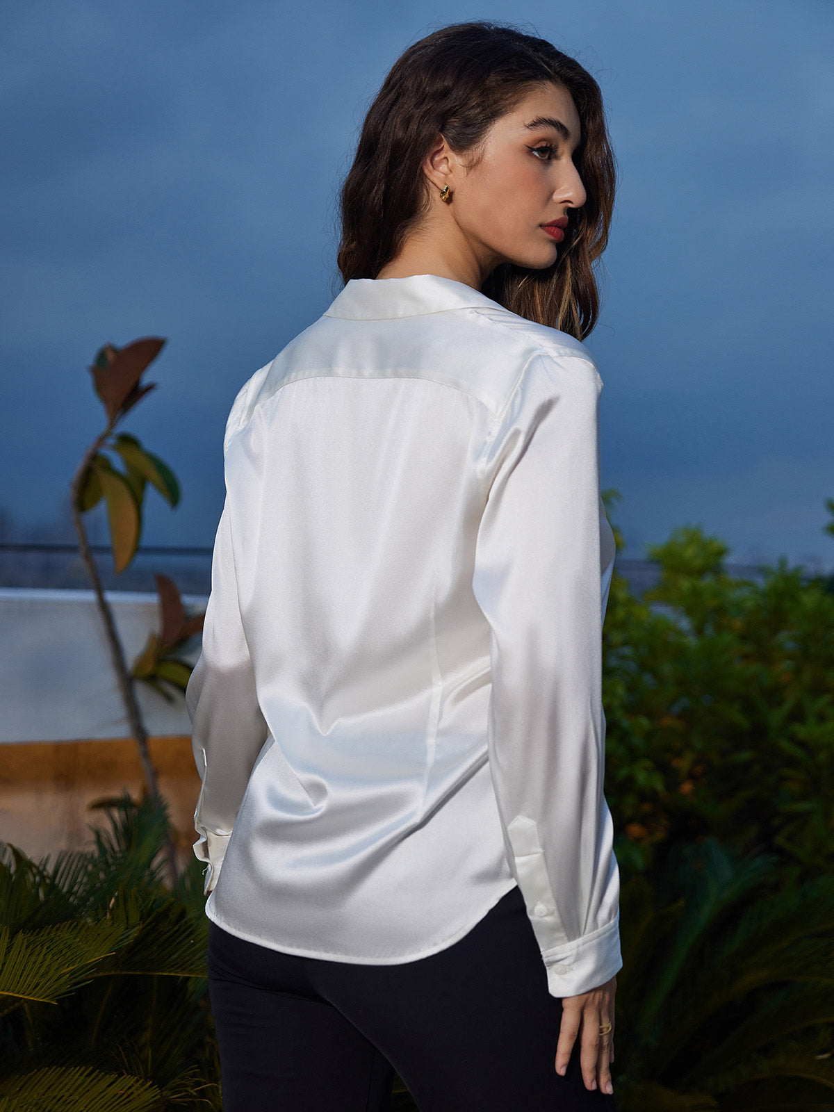 [أبيض] SilkSilky-SA الحرير Lapel Collar بلايز نسائية 002