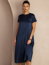 [أزرق غامق] SilkSilky-SA Short Sleeve Round Neck فساتين نسائية 006