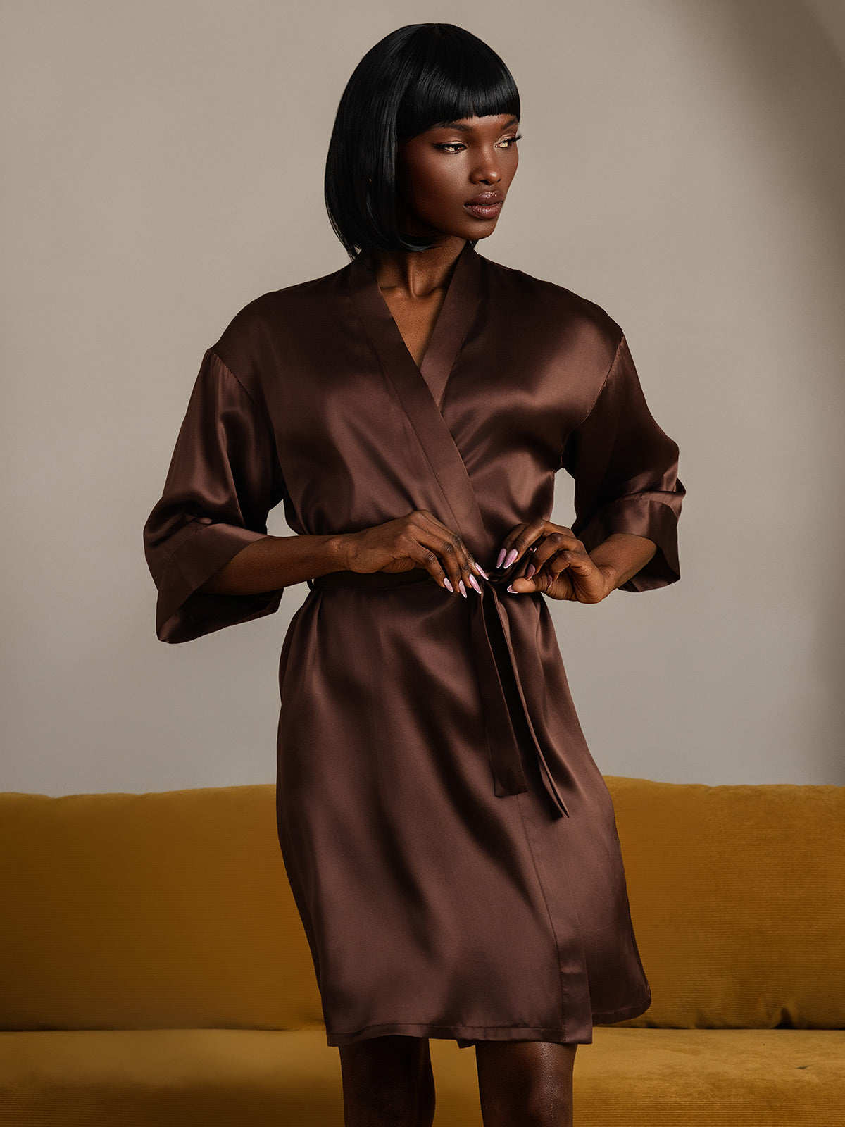 [قهوة] SilkSilky-SA الحرير الخالص Womens Robe 005