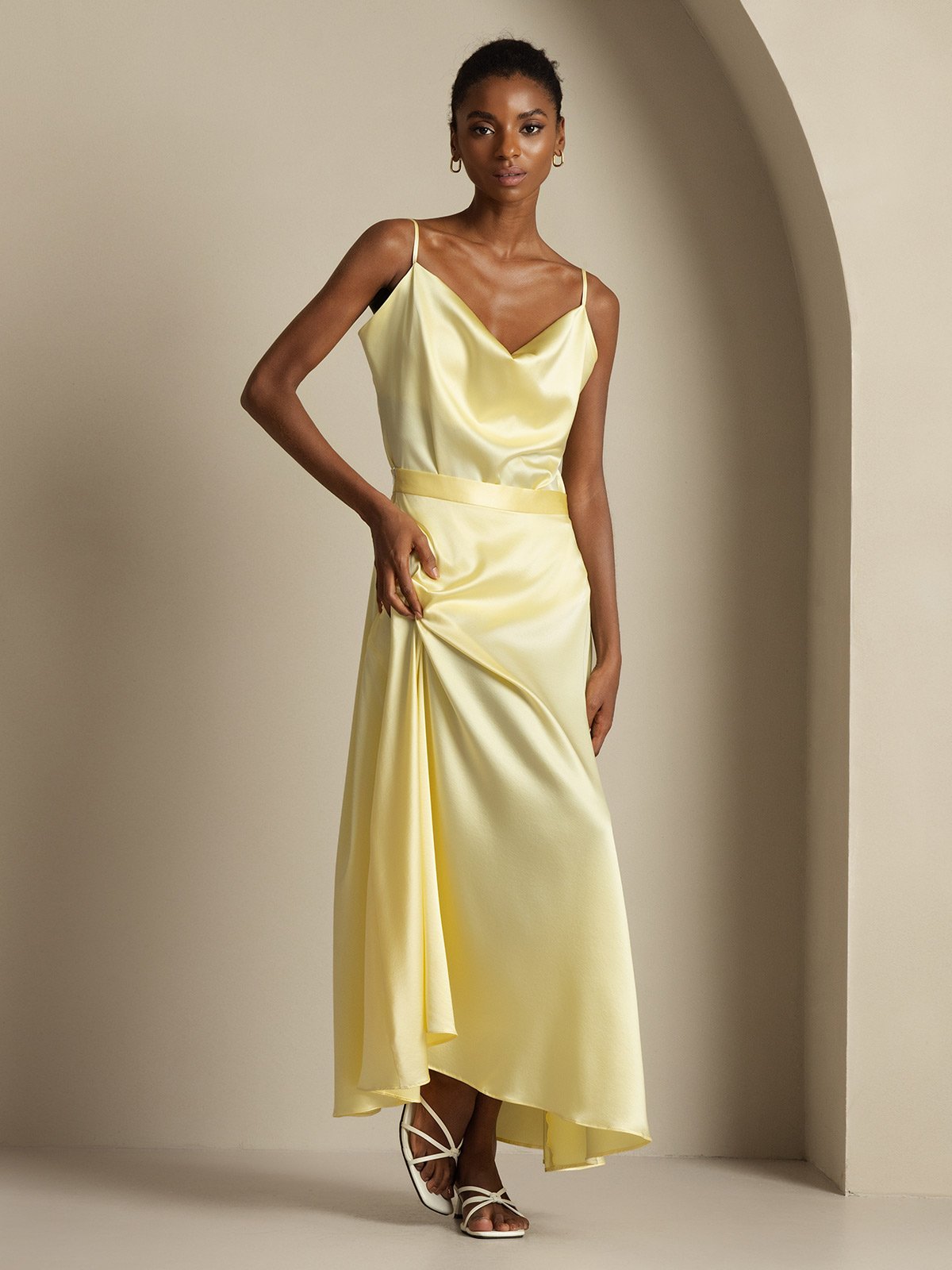 [أصفر فاتح] SilkSilky-SA 19Momme الحرير فتحة عنق بثنيات ملفوفة Women''s Outfit Sets 005,