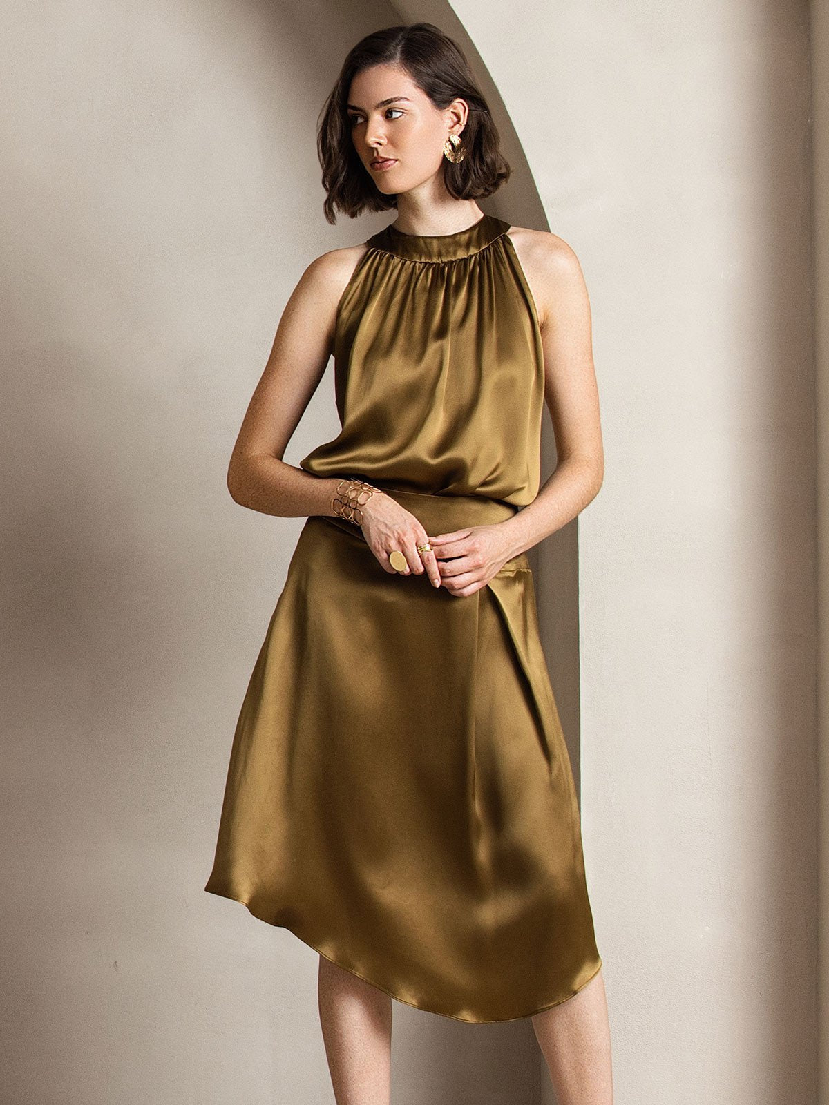 [بني] SilkSilky-SA 19Momme الحرير Womens T-Shirt 007,