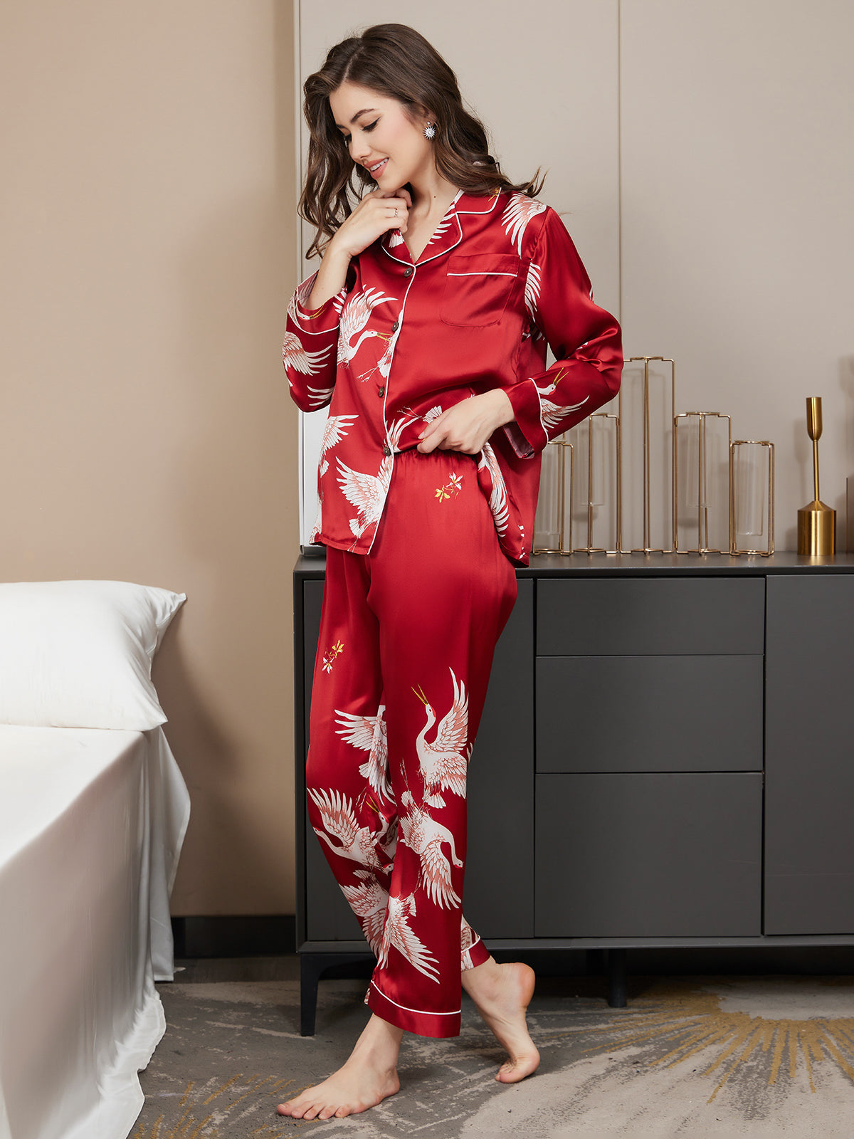 [احمر غامق] SilkSilky-SA 19Momme الحرير الخالص Womens Pajamas 004