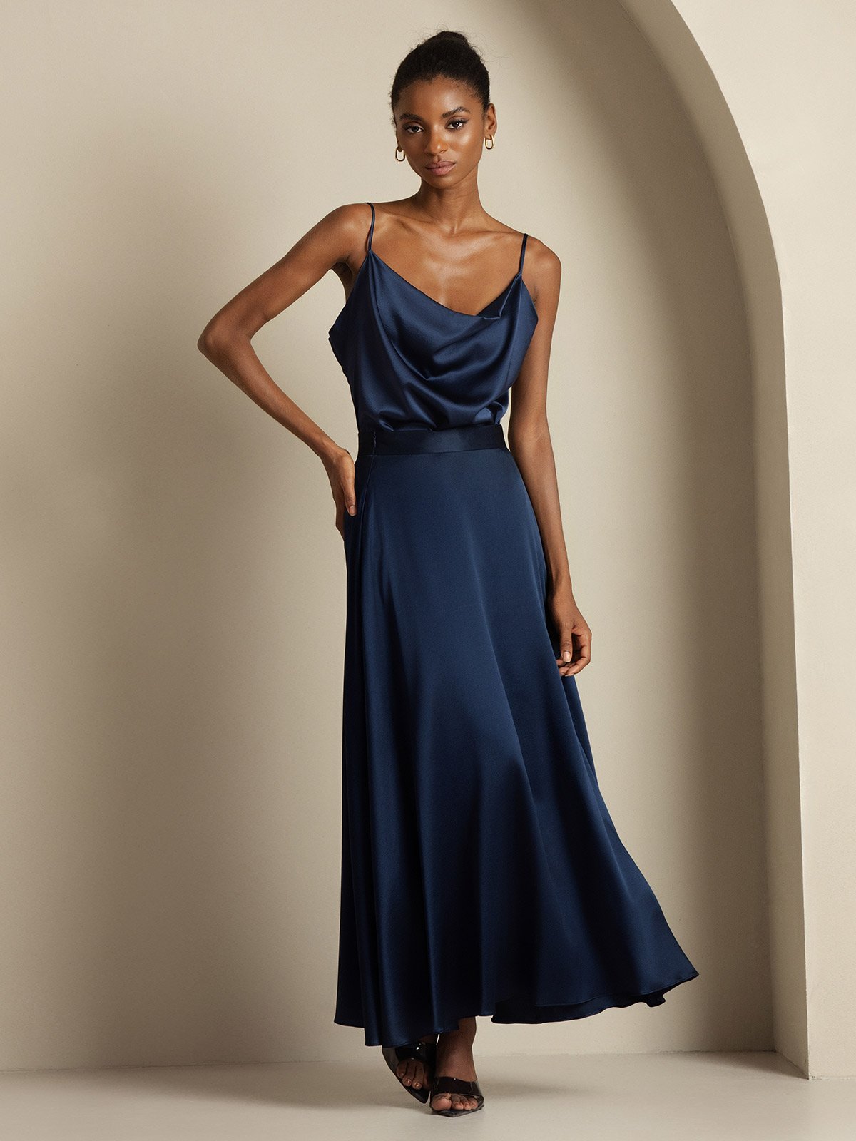 [أزرق غامق] SilkSilky-SA 19Momme الحرير فتحة عنق بثنيات ملفوفة Women''s Outfit Sets 007,