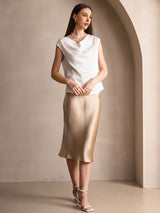 [أبيض] SilkSilky-SA Cap Sleeve Cowl Neck تي شيرت نسائية 007