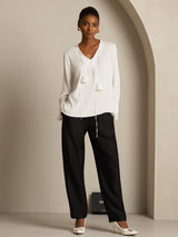 [أبيض] SilkSilky-SA Long Sleeve V Neck بلوزات نسائية 008