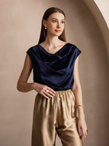 [أزرق غامق] SilkSilky-SA Cap Sleeve Cowl Neck تي شيرت نسائية 004